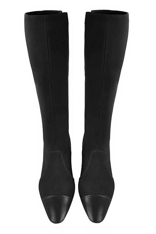 Satin black women's feminine knee-high boots. Round toe. Medium block heels. Made to measure. Top view - Florence KOOIJMAN
